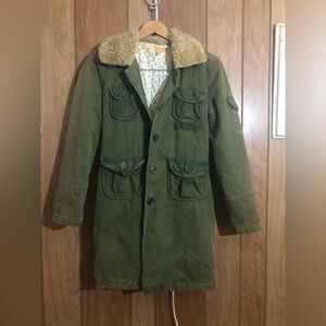 Tulle by Anthropology long Military style jacket. Size small. Green